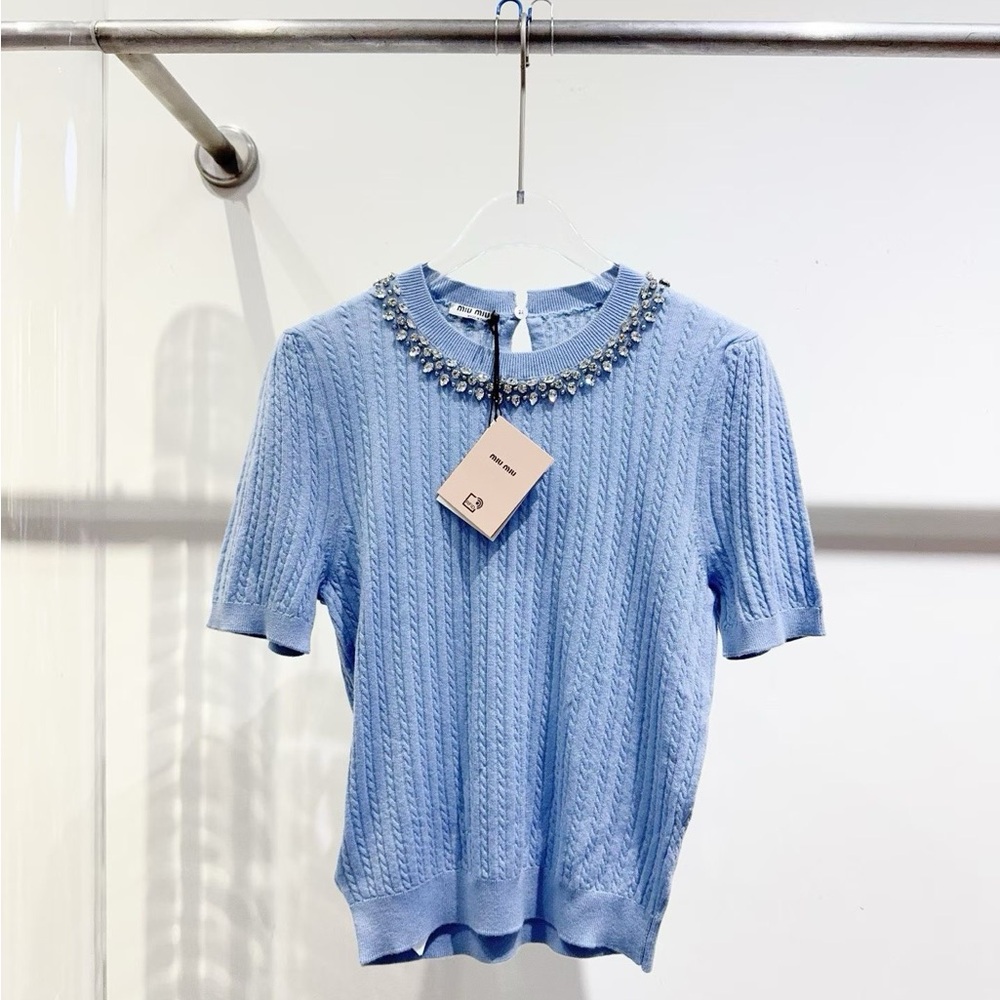 ❌sold❌Authentic Miu Miu Light Blue Embellished Short Sleeve Top